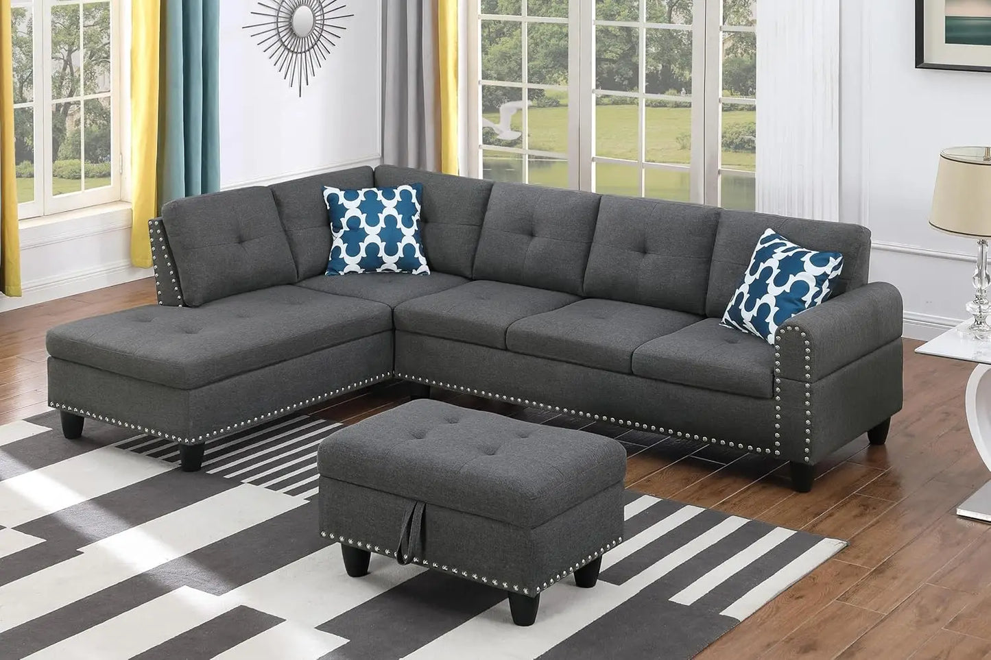 Sectional Sofa Couch, Modern, Chaise Lounge, 2 Pillows