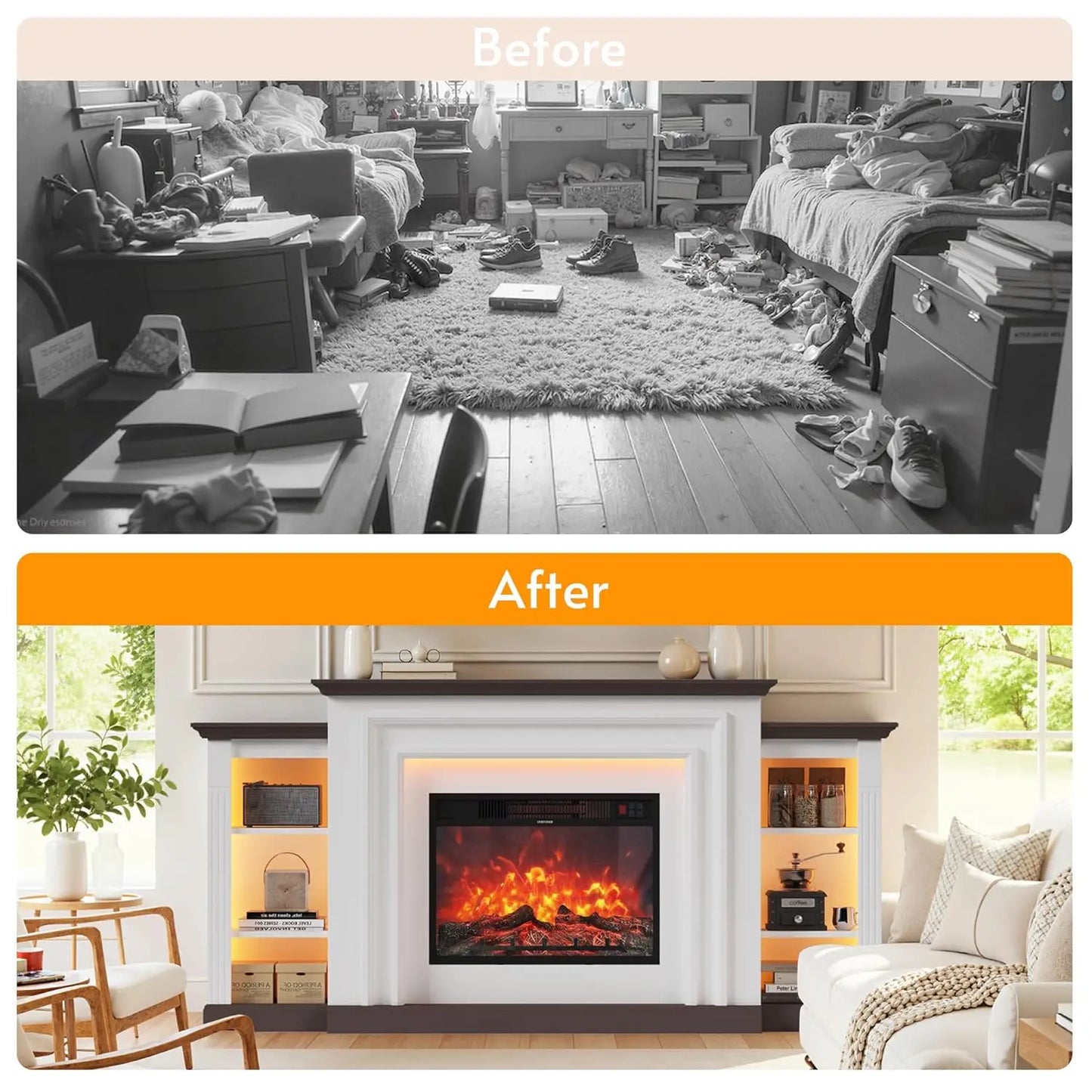72'' Electric Fireplace Mantel, Entertainment Center Open Storage