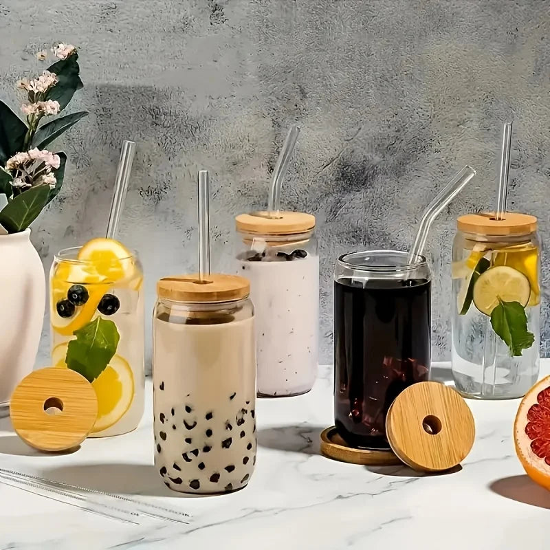 6 18.6oz Drinking Glasses, Bamboo Lids, Glass Straw