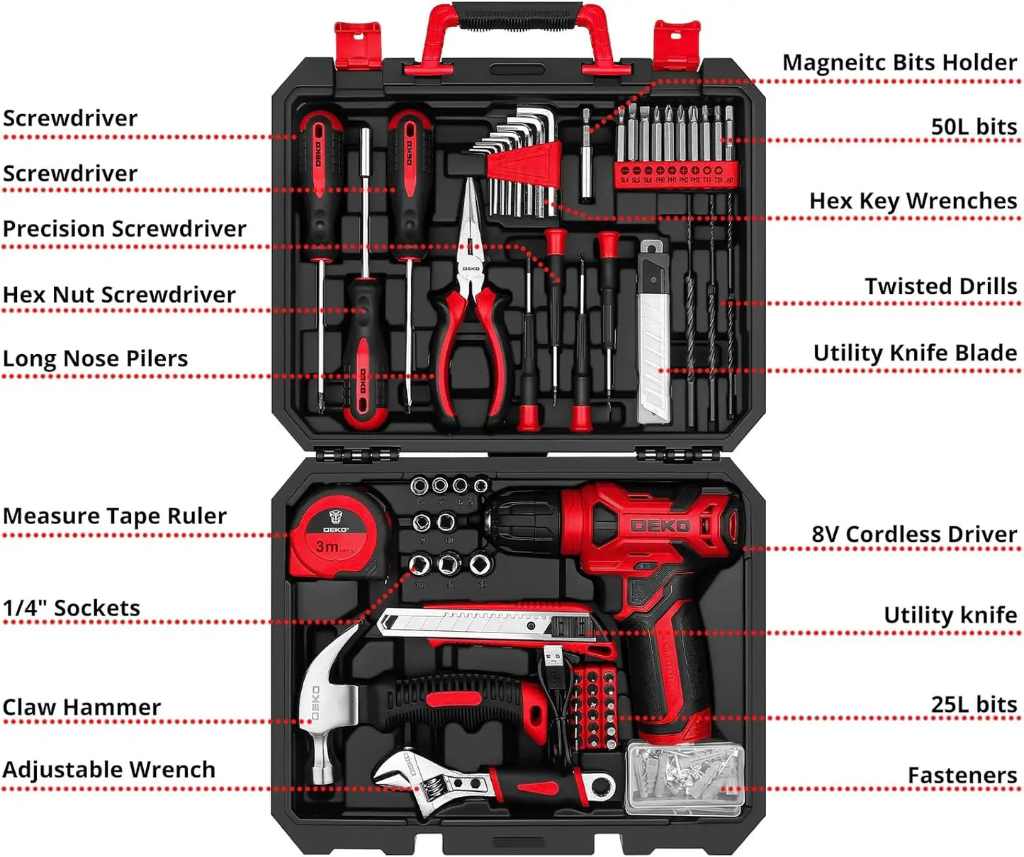Home Tool Kit with cordless Drill, Hand Tool
