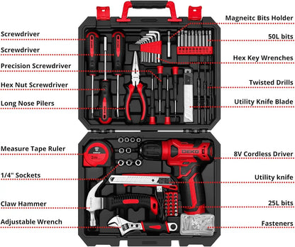 Home Tool Kit with cordless Drill, Hand Tool