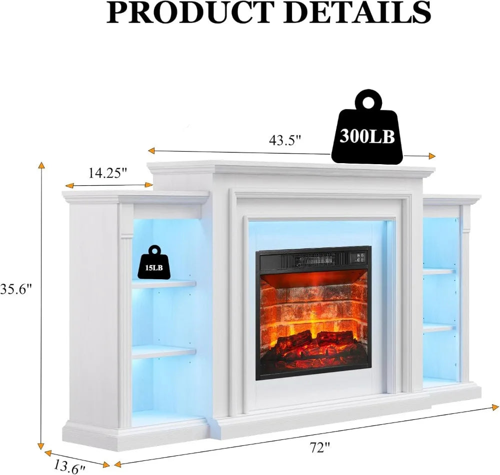 72" LED Electric Fireplace TV Stand with Mantel