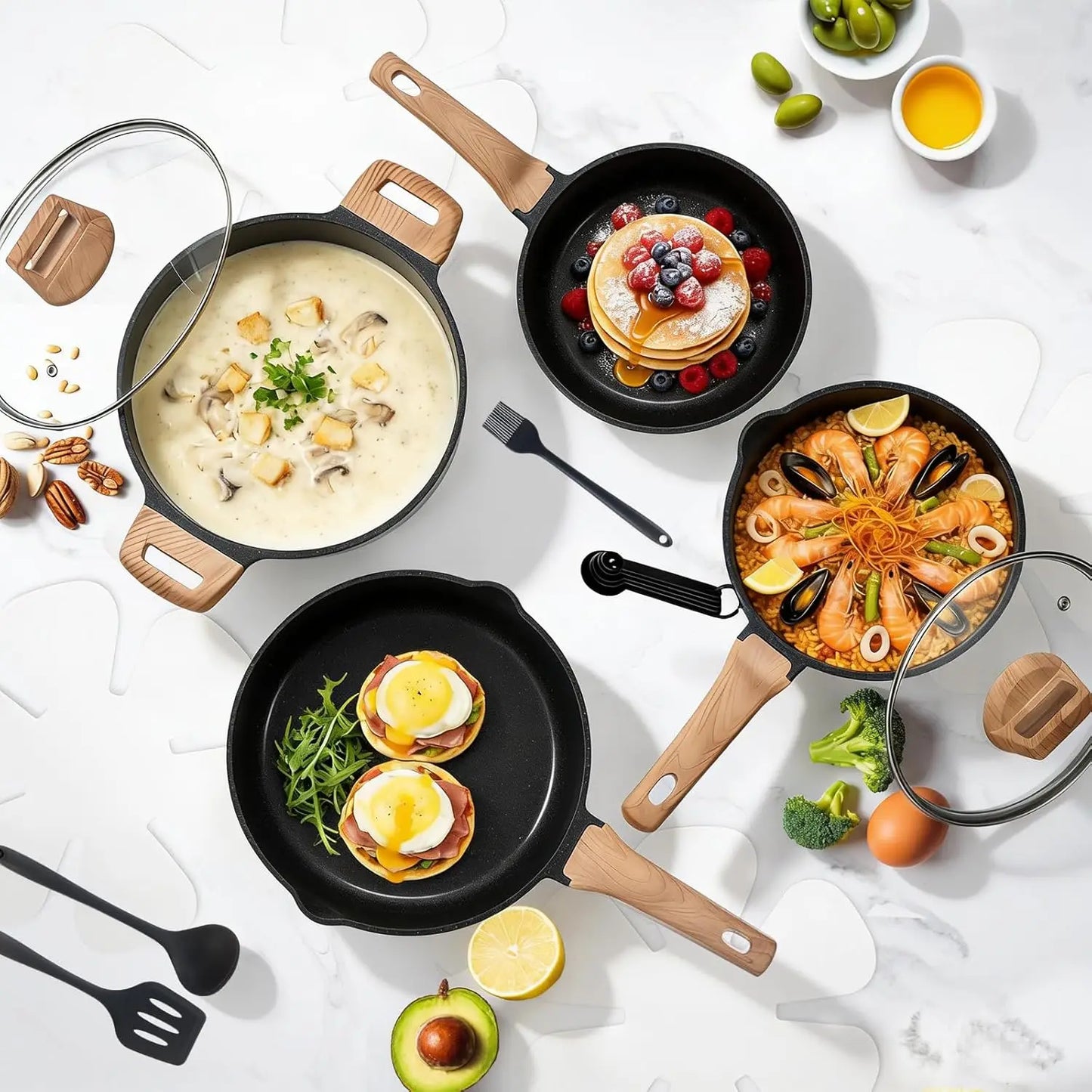 25-Piece Nonstick Cookware Set, Induction Compatible, PFOA/PFOS Free Black Kitchen Pots and Pans