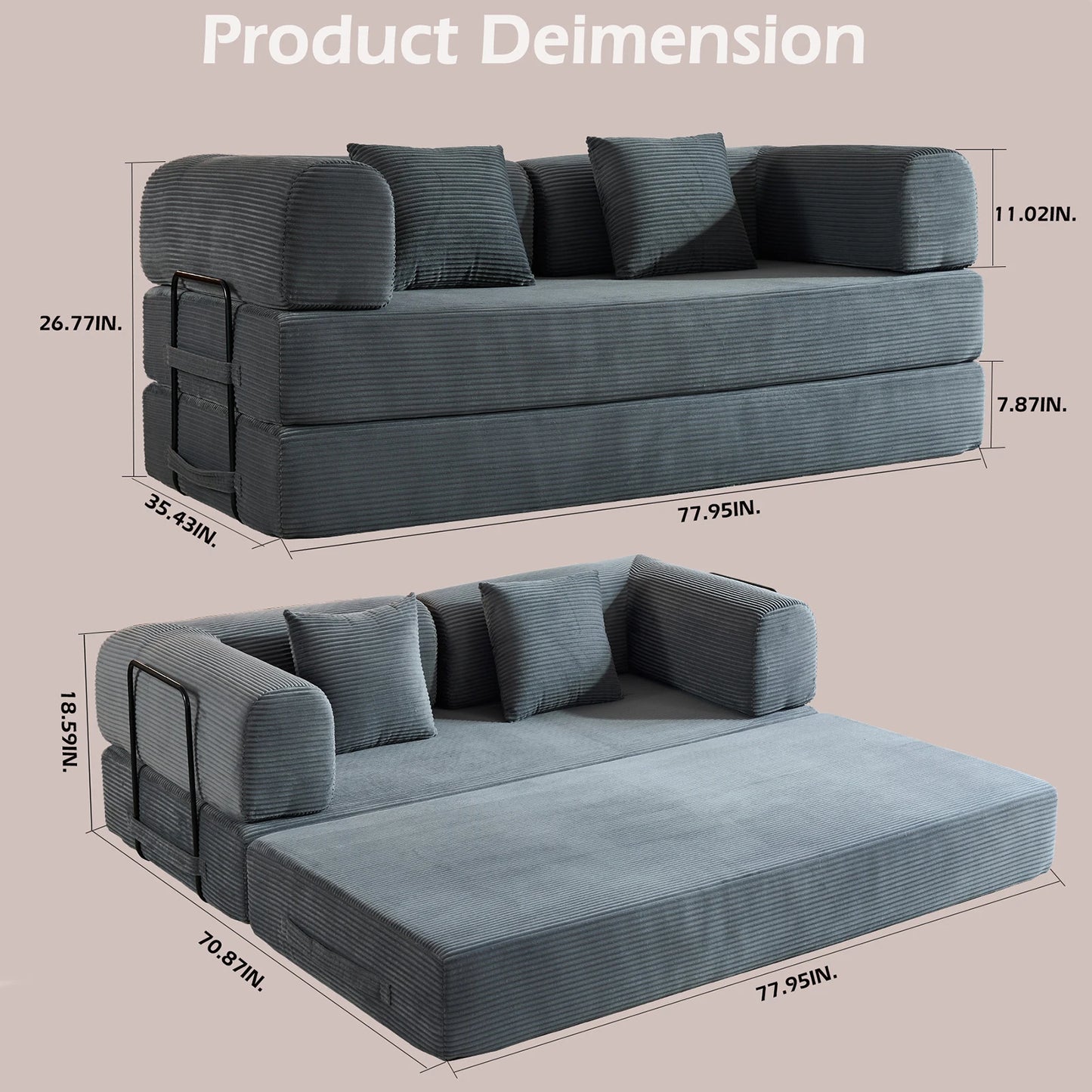 79" Folding Convertible Sofa Bed, Corduroy Futon, Loveseat