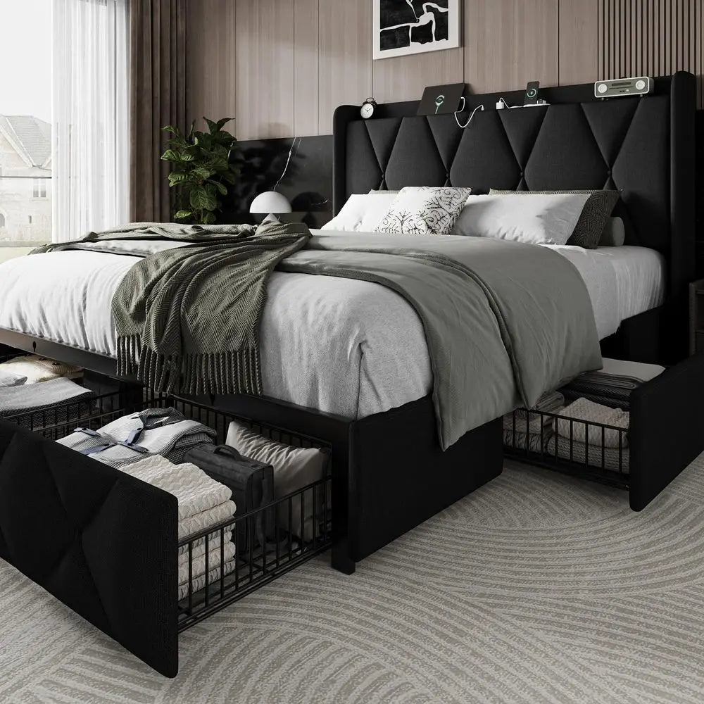 Queen Bed Frame with 4 Storage Drawers