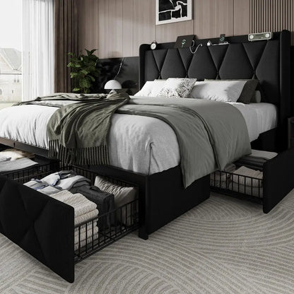 Queen Bed Frame with 4 Storage Drawers