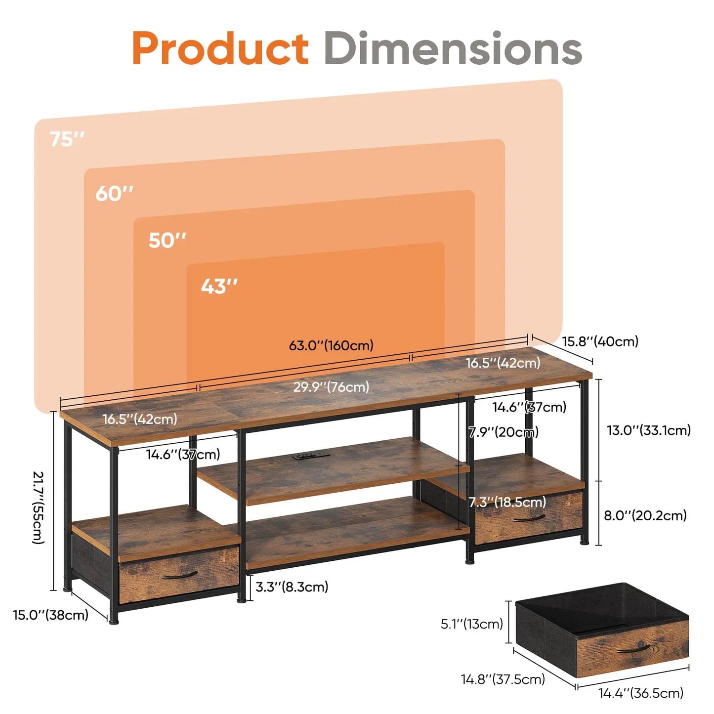 63IN Wooden Stand, Up To 75 Inch TV