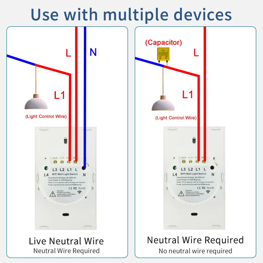Tuya Smart Switches US Neutral Wire/No Neutral Wire Required 1/2/3/4 Gang Light WiFi Touch Switch Work with Alexa Google Home