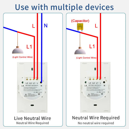 Tuya Smart Switches US Neutral Wire/No Neutral Wire Required 1/2/3/4 Gang Light WiFi Touch Switch Work with Alexa Google Home