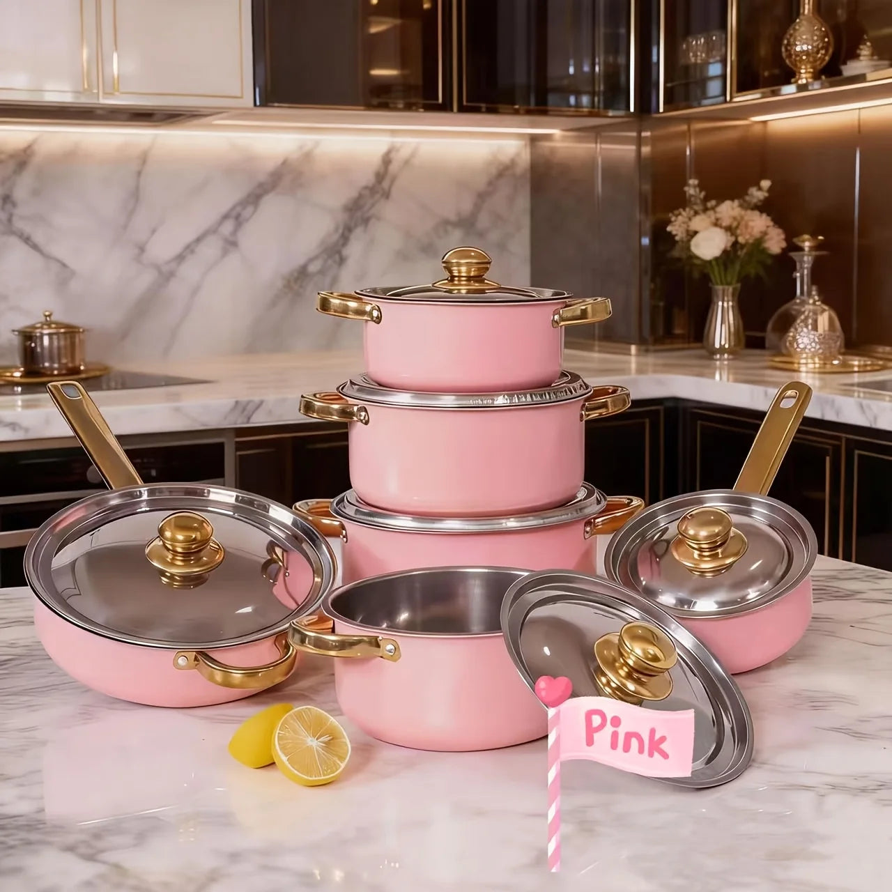 13pcs Stainless Steel Cookware Set, Golden Handles