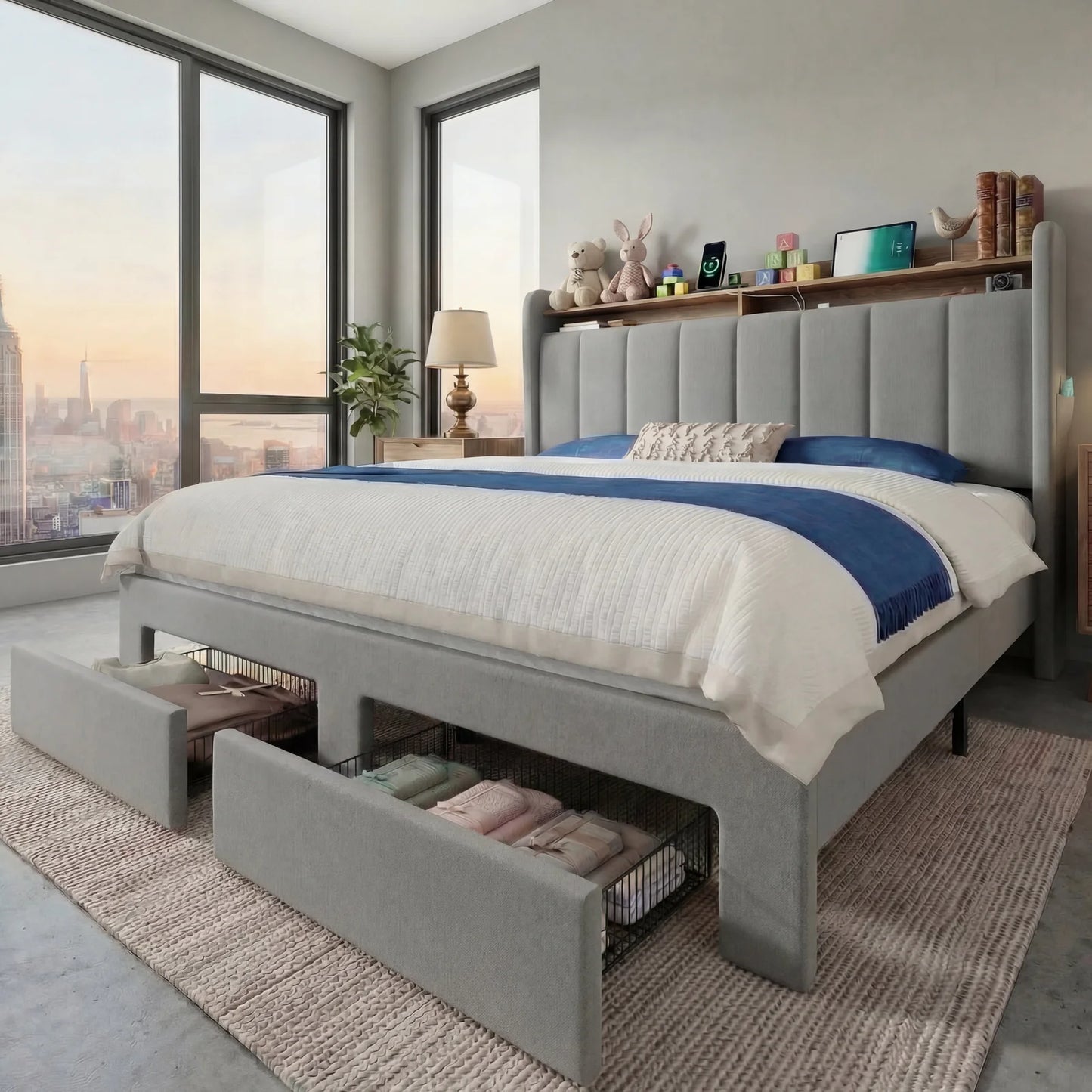 Bed Frame, 2 Storage Drawers/Tier Shelves