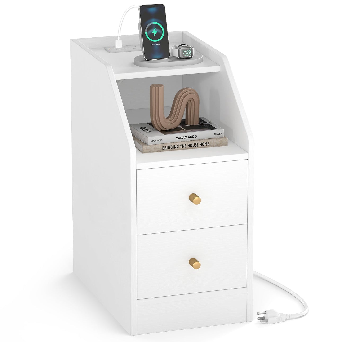 Side End Table with Charging Station Sofa Couch Table with Shelf Drawers