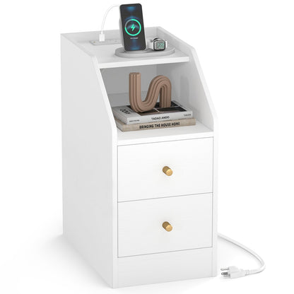 Side End Table with Charging Station Sofa Couch Table with Shelf Drawers