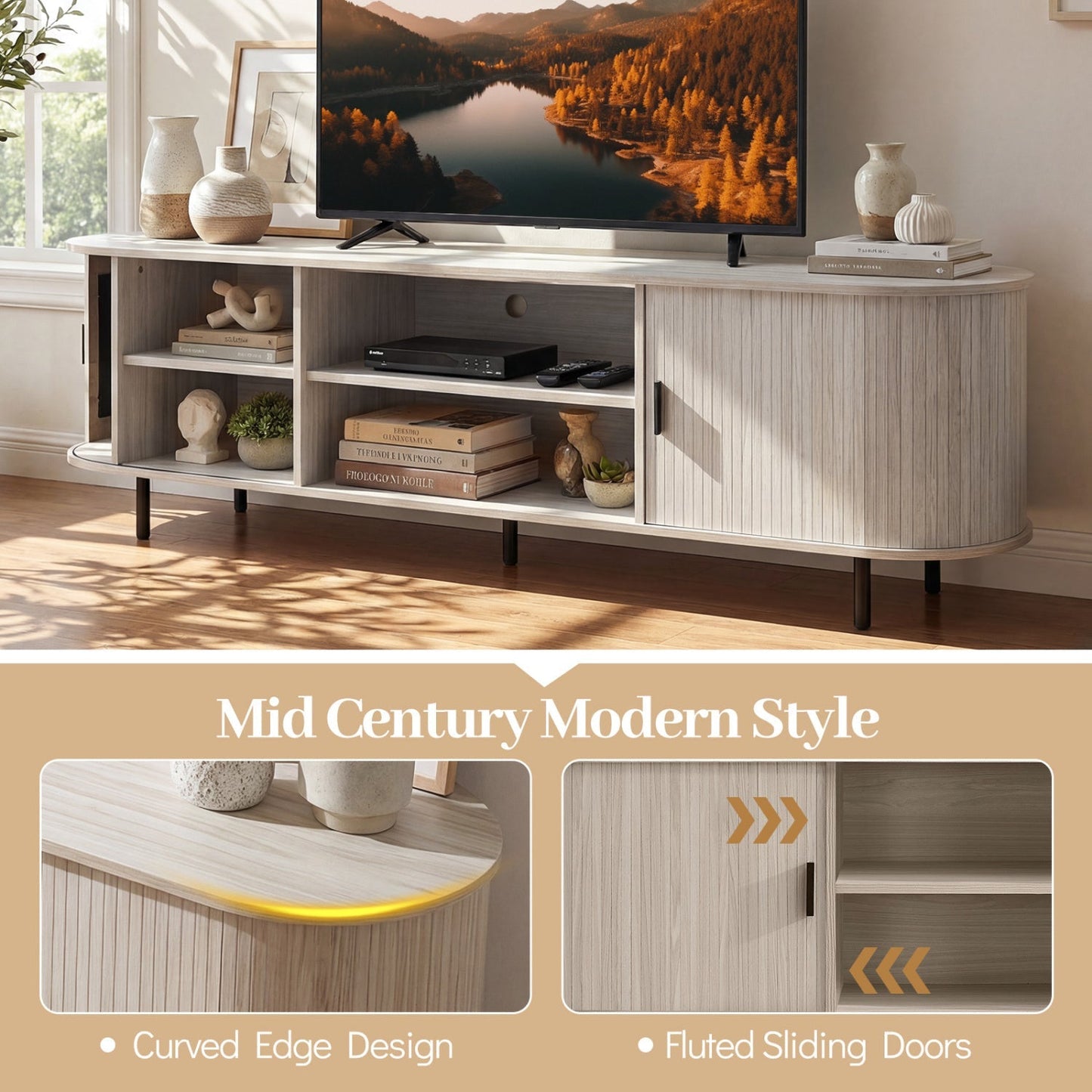 TV Stand for 80 Inch TVs Mid Century Modern Entertainment Center with Fluted Sliding Doors