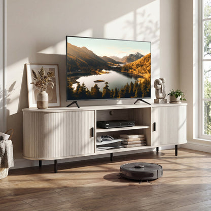 TV Stand for 80 Inch TVs Mid Century Modern Entertainment Center with Fluted Sliding Doors