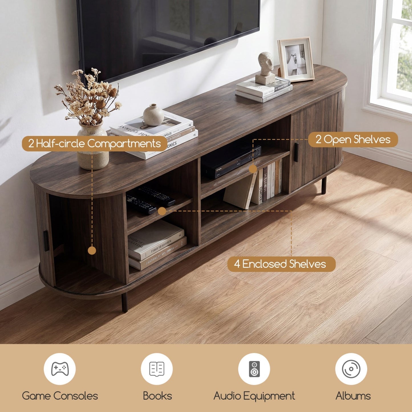 TV Stand for 80 Inch TVs Mid Century Modern Entertainment Center with Fluted Sliding Doors