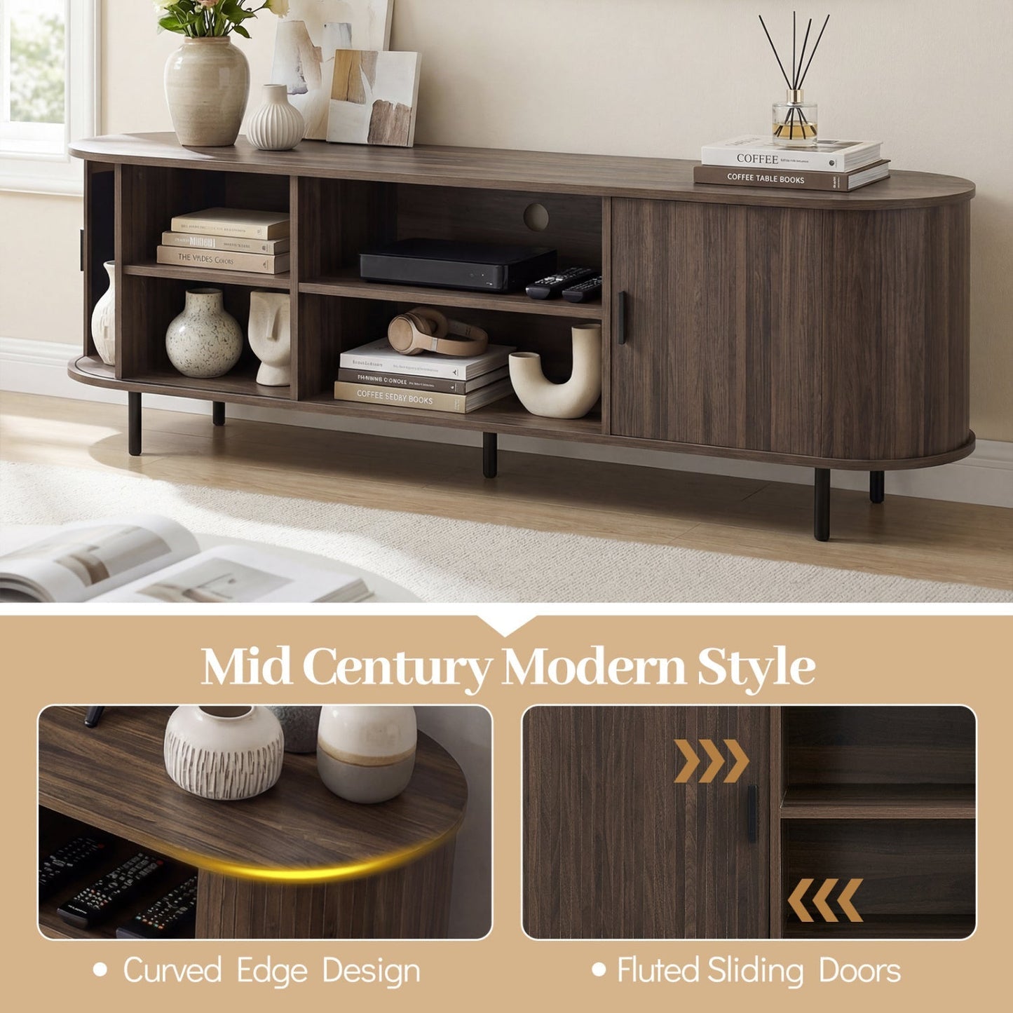 TV Stand for 80 Inch TVs Mid Century Modern Entertainment Center with Fluted Sliding Doors
