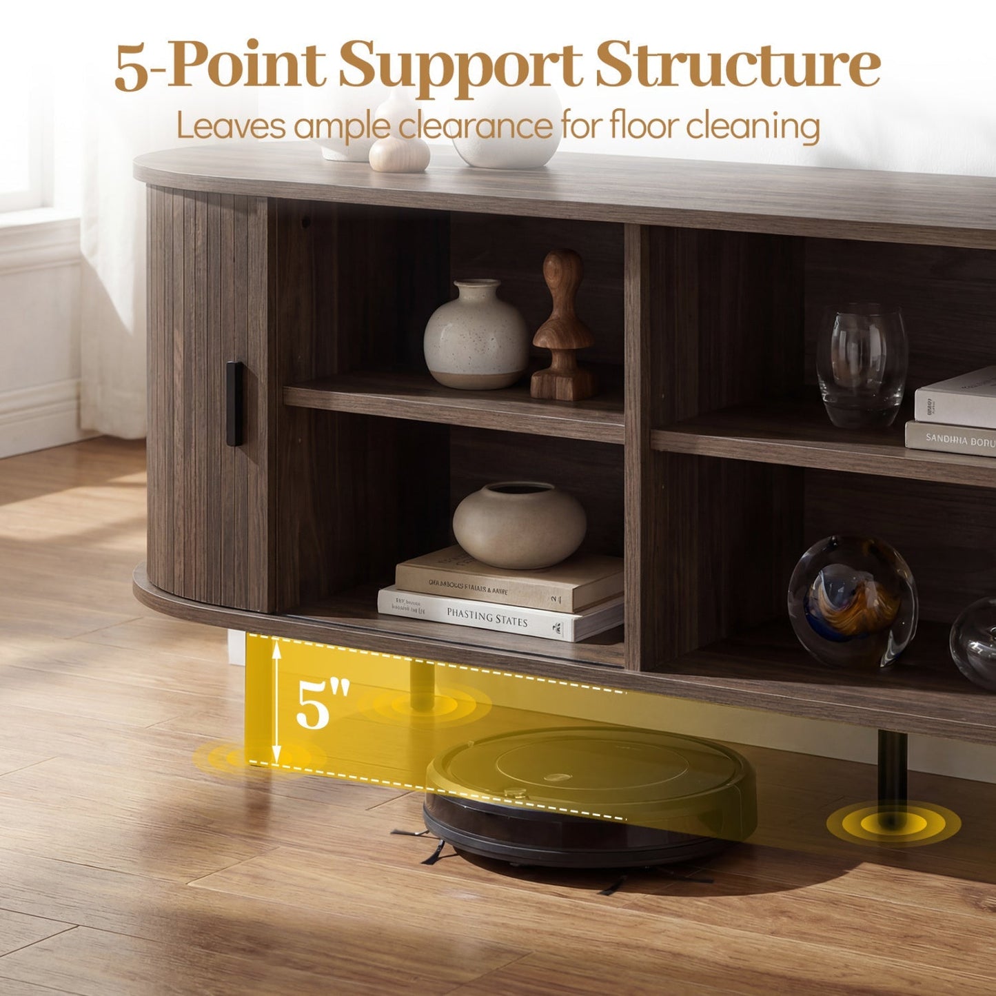 TV Stand for 80 Inch TVs Mid Century Modern Entertainment Center with Fluted Sliding Doors