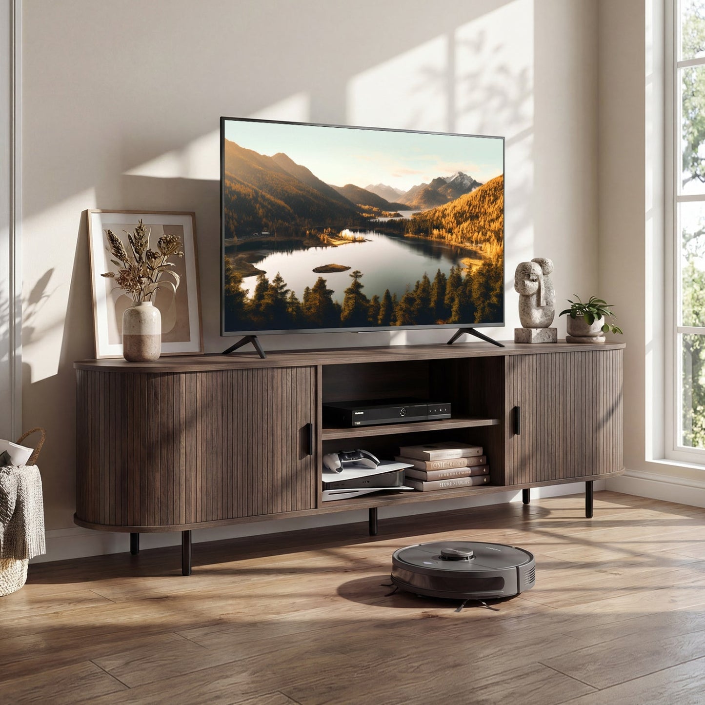 TV Stand for 80 Inch TVs Mid Century Modern Entertainment Center with Fluted Sliding Doors