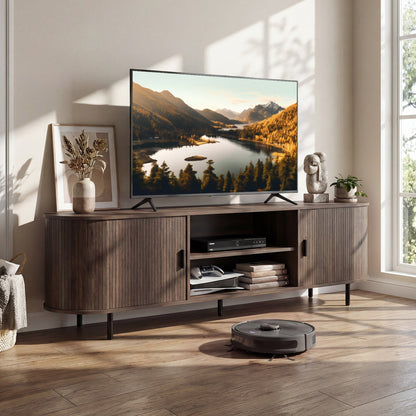 TV Stand for 80 Inch TVs Mid Century Modern Entertainment Center with Fluted Sliding Doors