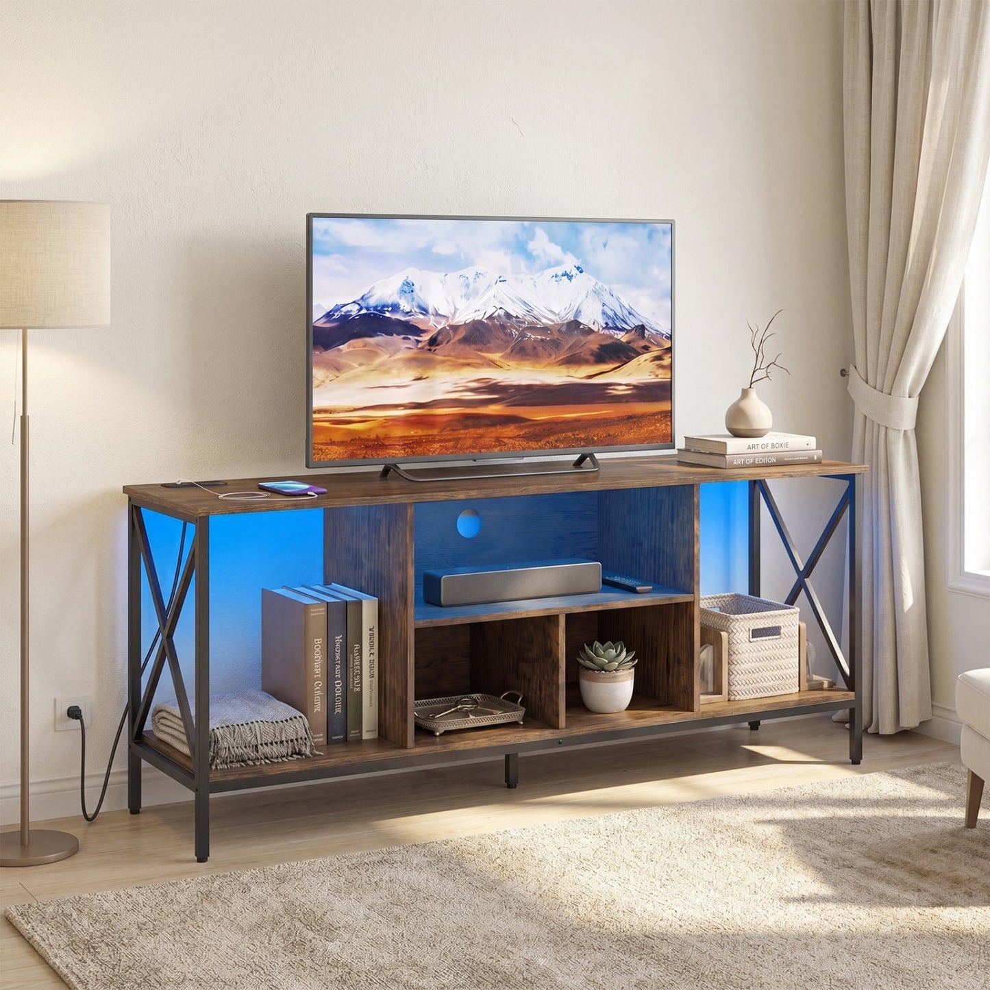 TV Stand with LED Lights for 65 Inch TV Entertainment Center with Power Outlets