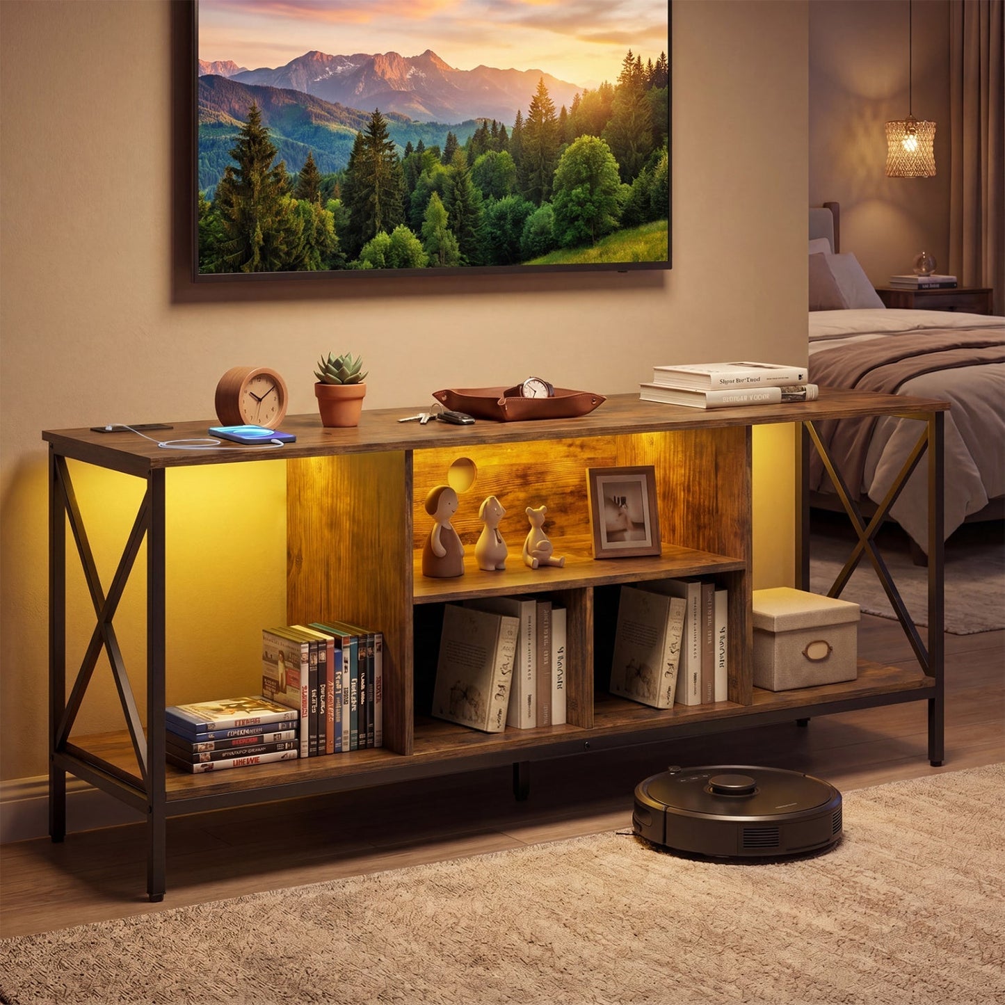 TV Stand with LED Lights for 65 Inch TV Entertainment Center with Power Outlets