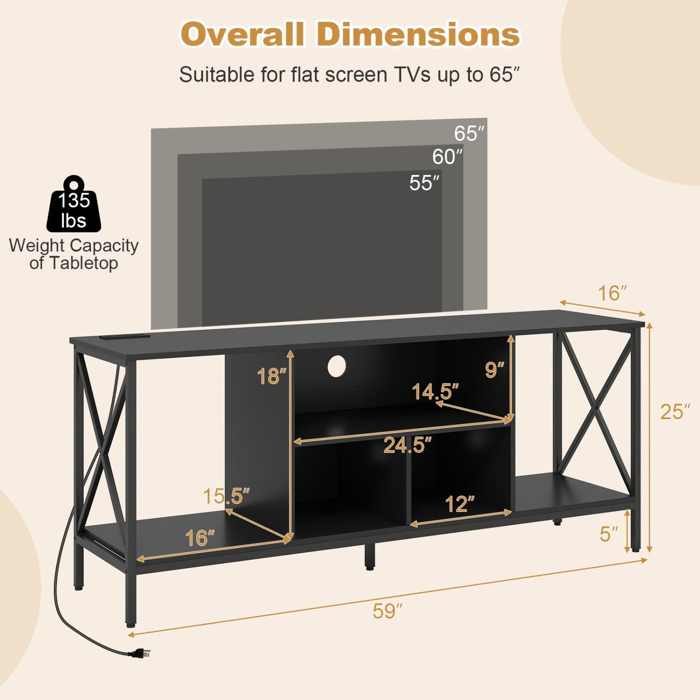 TV Stand with LED Lights for 65 Inch TV Entertainment Center with Power Outlets