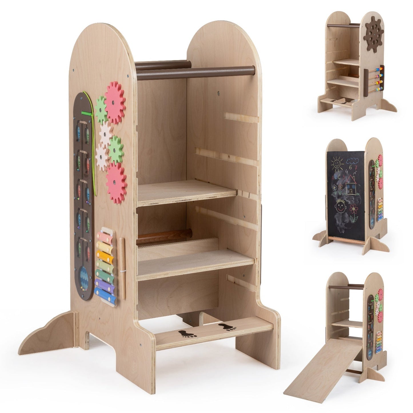 Toddler Standing Tower Kids Step Stool with Adjustable Height Chalkboard and Slide