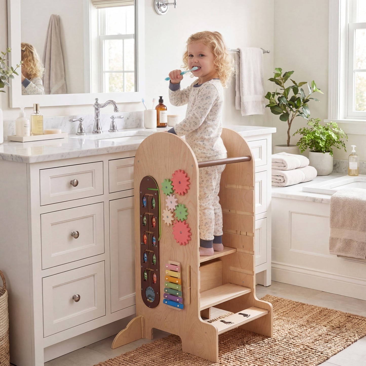 Toddler Standing Tower Kids Step Stool with Adjustable Height Chalkboard and Slide