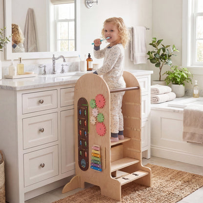 Toddler Standing Tower Kids Step Stool with Adjustable Height Chalkboard and Slide