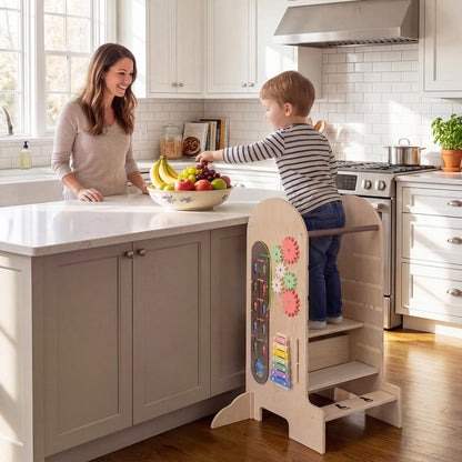 Toddler Standing Tower Kids Step Stool with Adjustable Height Chalkboard and Slide