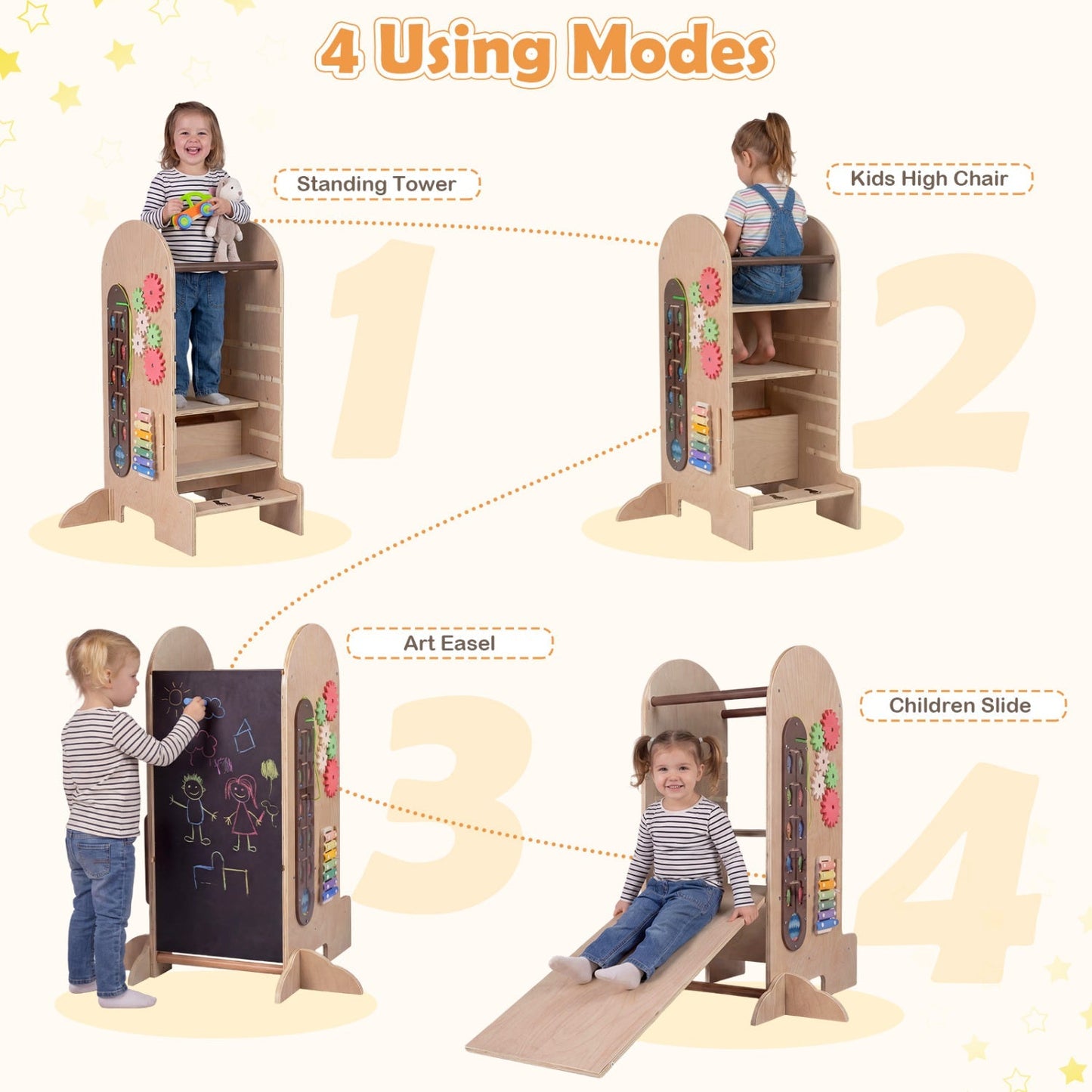 Toddler Standing Tower Kids Step Stool with Adjustable Height Chalkboard and Slide