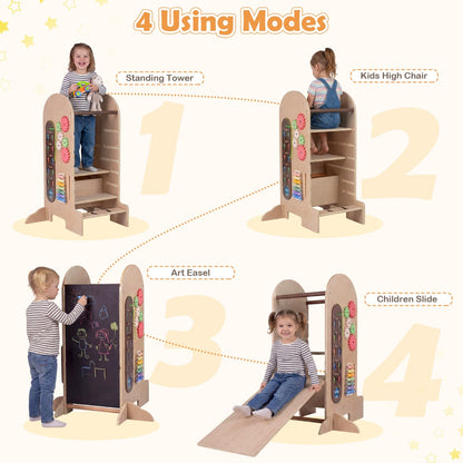 Toddler Standing Tower Kids Step Stool with Adjustable Height Chalkboard and Slide