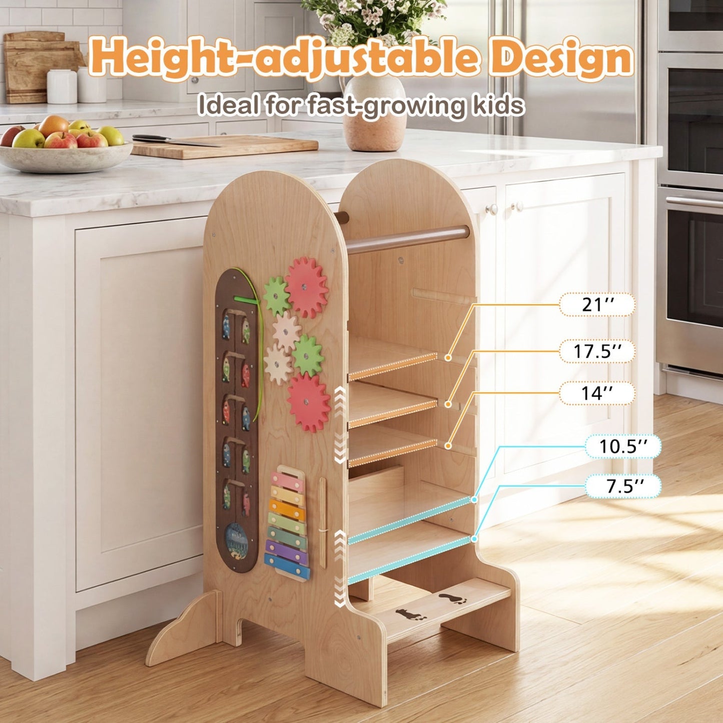 Toddler Standing Tower Kids Step Stool with Adjustable Height Chalkboard and Slide