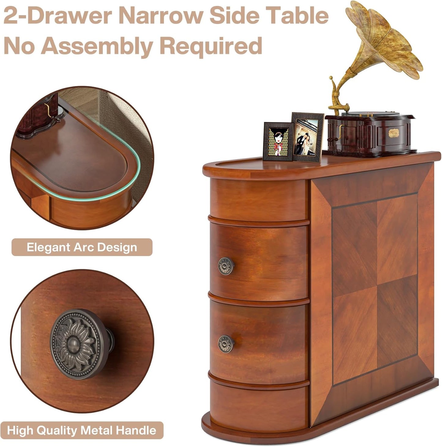 10.8" Solid Wood Narrow End Table with 2 Drawers