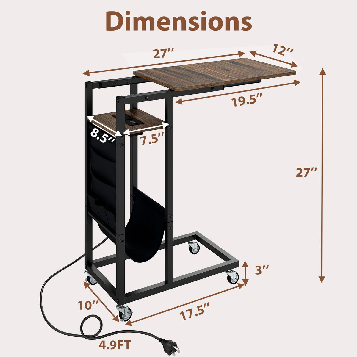 C-shaped End Table with Charging Station and Retractable Tabletop-Coffee