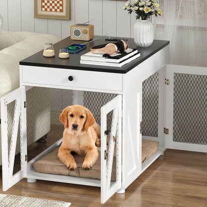 Dog Crate End Table Furniture with Drawer & USB Charging | Wooden Dog Kennel for Medium Dogs