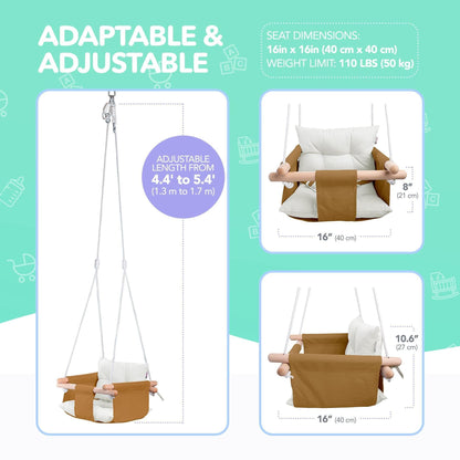 Ocher Canvas Baby Swing Chair Wooden Hanging Seat with Safety Belt Durable and Comfortable for Kids Indoor and Outdoor Use Mounting Hardware Included Ocher
