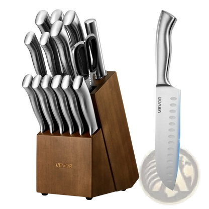 Kitchen Knife Set With Block And Sharpener, 15 Piece German High Carbon Stainless Steel  Sharp Knife Set, Kitchen Cutlery With Ergonomic Handle, Sharpening Rod And Wooden Block, For Home Cooks