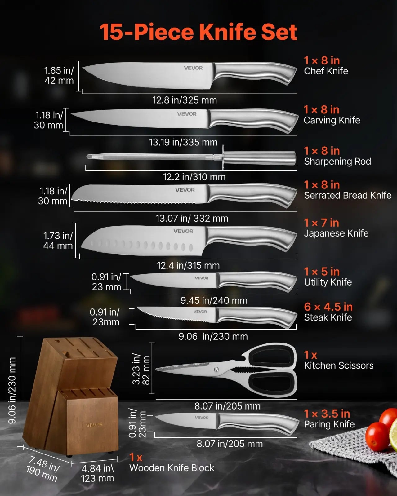 Kitchen Knife Set With Block And Sharpener, 15 Piece German High Carbon Stainless Steel  Sharp Knife Set, Kitchen Cutlery With Ergonomic Handle, Sharpening Rod And Wooden Block, For Home Cooks