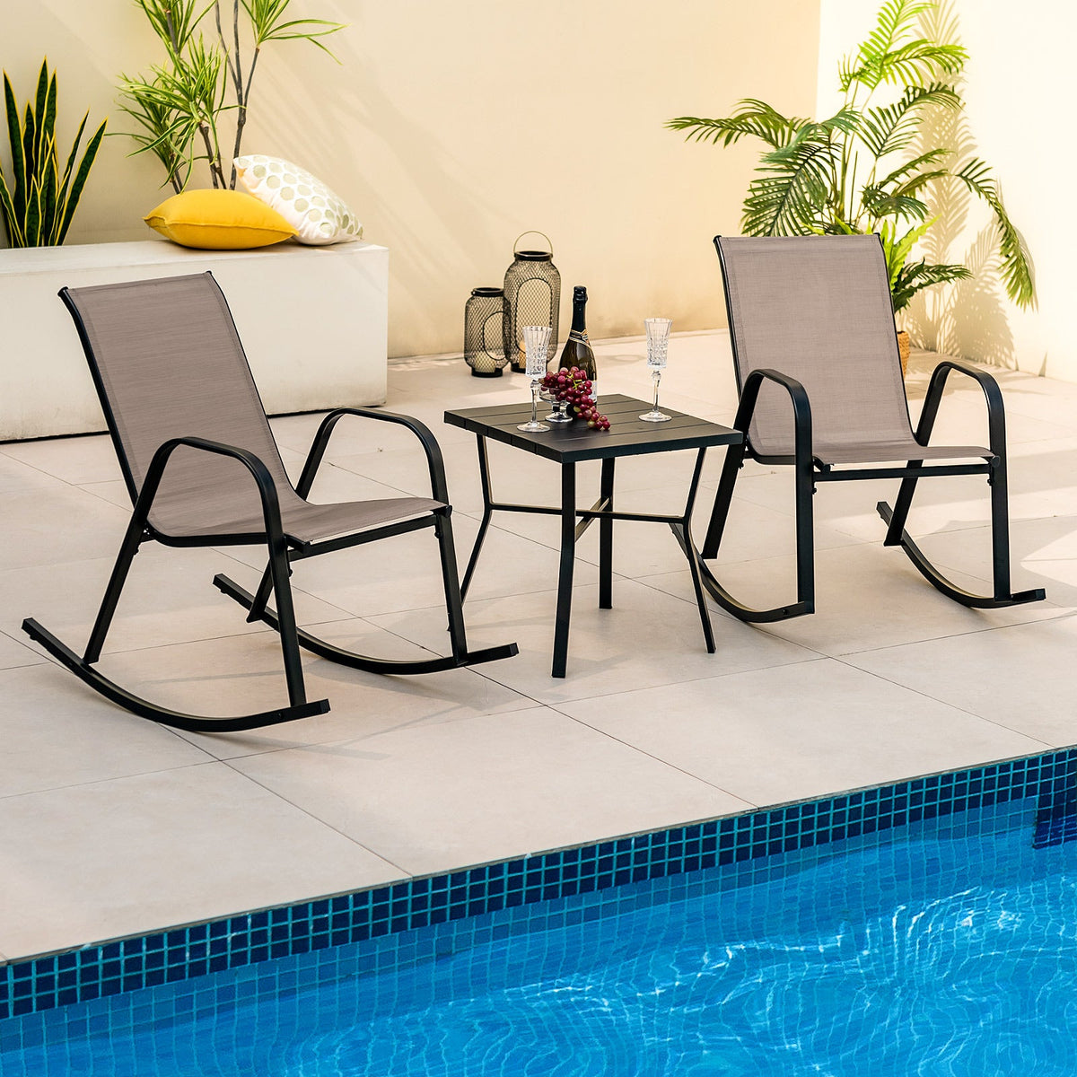 Set of 2 Metal Patio Rocking Chair with Breathable Seat Fabric