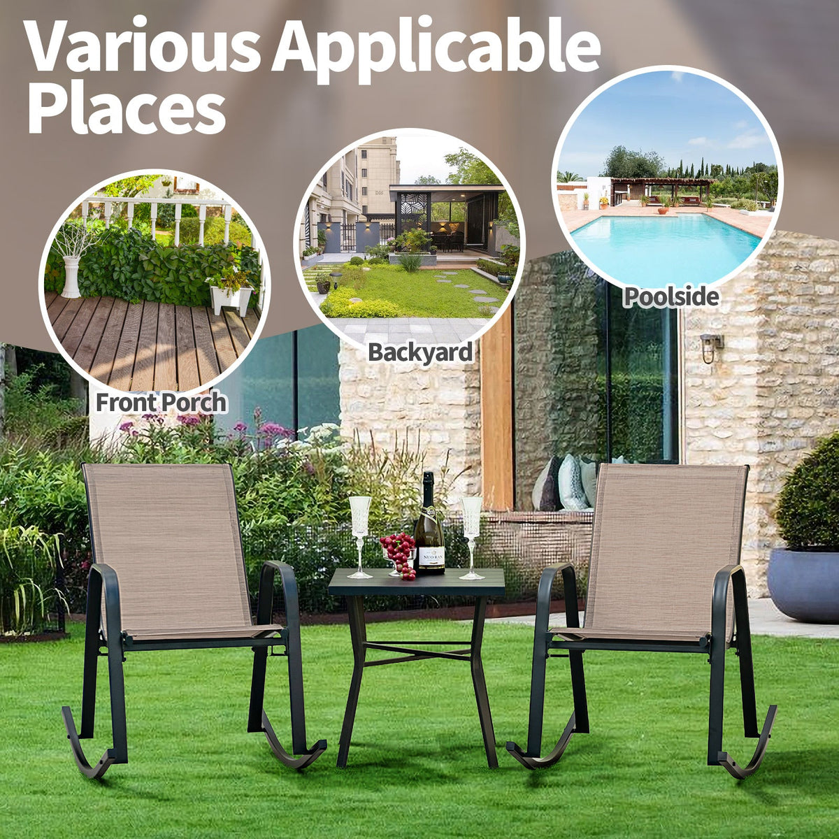 Set of 2 Metal Patio Rocking Chair with Breathable Seat Fabric