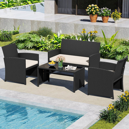 4 Pieces Patio Furniture Set with Tempered Glass Tabletop and Removable Cushion