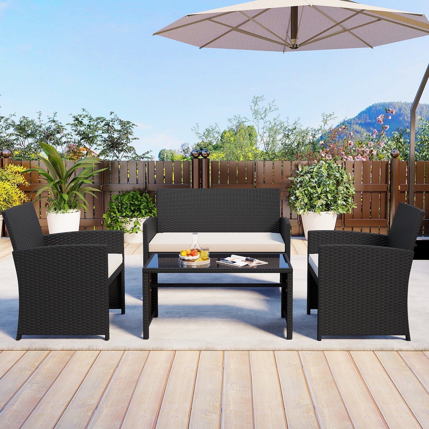 4 Pieces Patio Furniture Set with Tempered Glass Tabletop and Removable Cushion