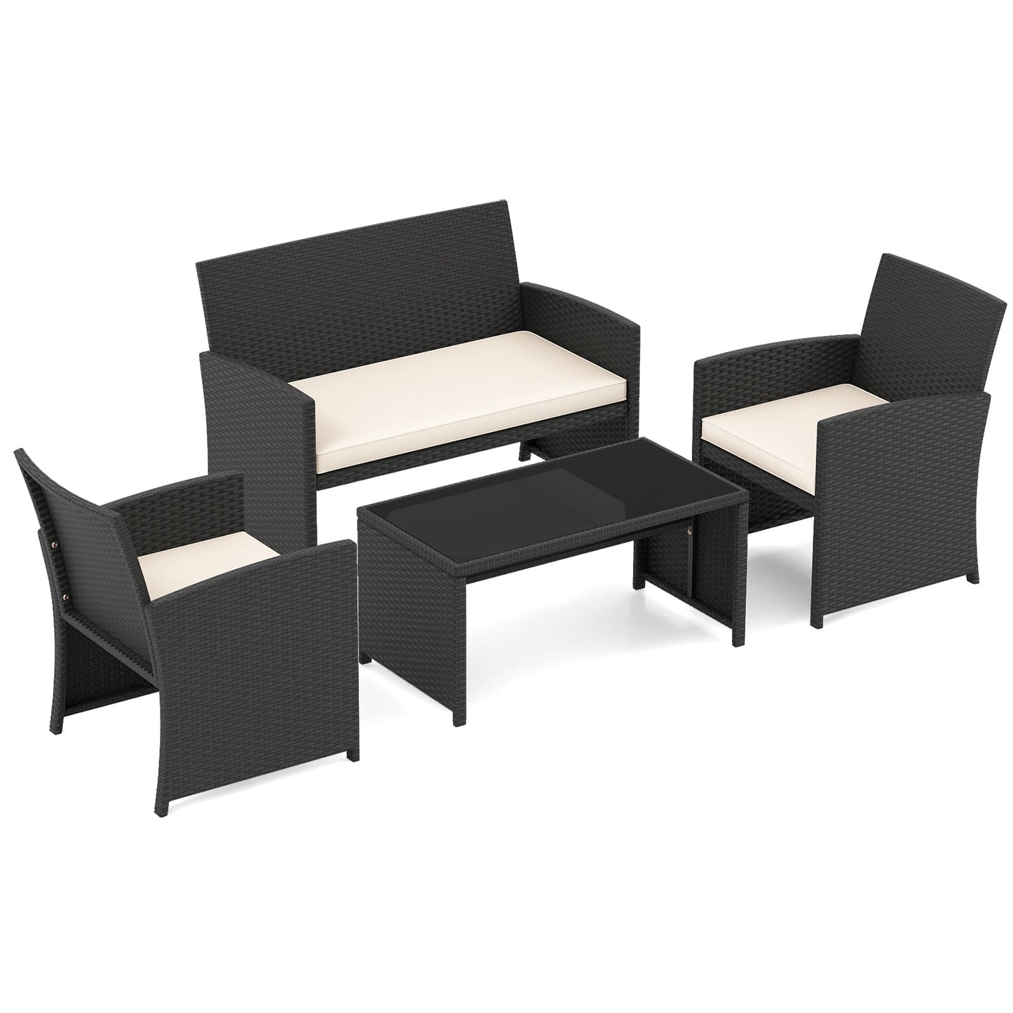 4 Pieces Patio Furniture Set with Tempered Glass Tabletop and Removable Cushion