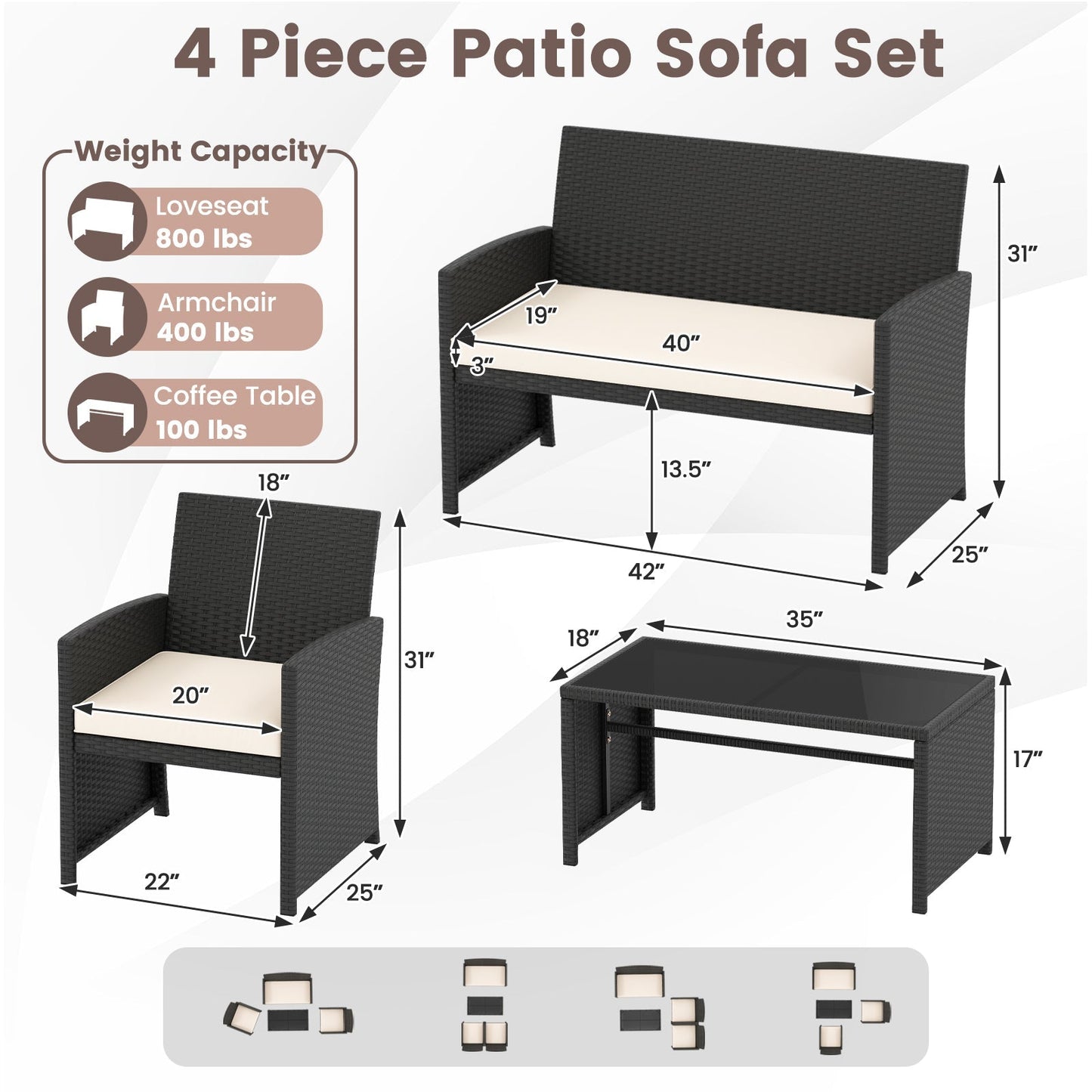 4 Pieces Patio Furniture Set with Tempered Glass Tabletop and Removable Cushion