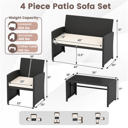 4 Pieces Patio Furniture Set with Tempered Glass Tabletop and Removable Cushion