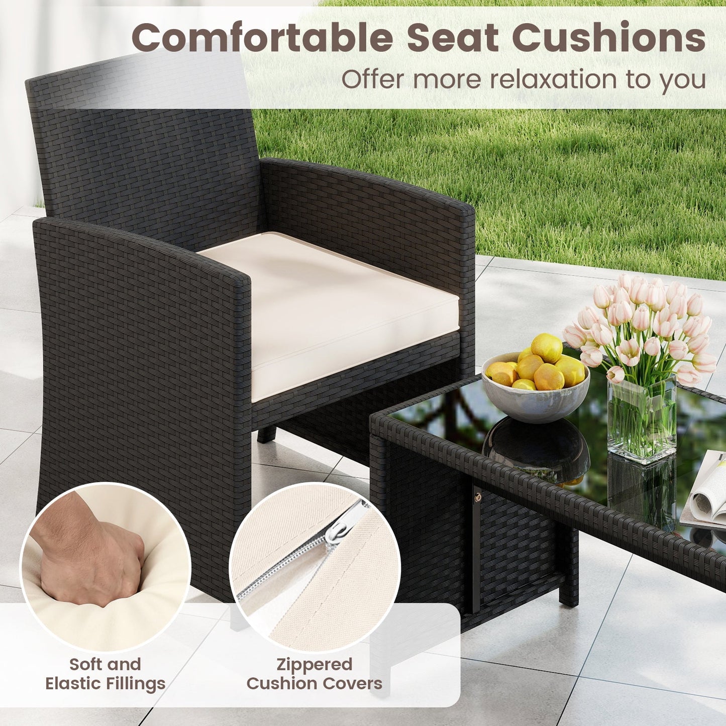 4 Pieces Patio Furniture Set with Tempered Glass Tabletop and Removable Cushion
