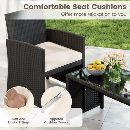 4 Pieces Patio Furniture Set with Tempered Glass Tabletop and Removable Cushion