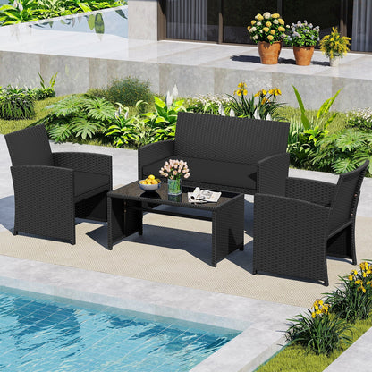 4 Pieces Patio Furniture Set with Tempered Glass Tabletop and Removable Cushion